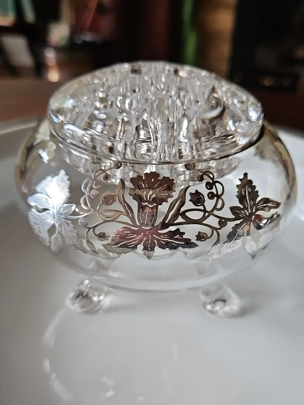 Rare Vintage Beaumont Glass Silver Overlay Footed Flower Vase with Flower Frog